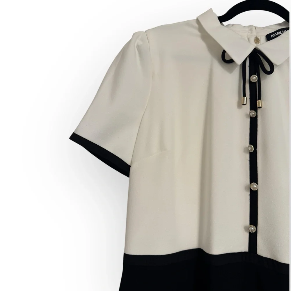 KARL LAGERFELD PARIS Collared Contrast-Trim Dress, Size 14, Black/White, NEW - Picture 6 of 12